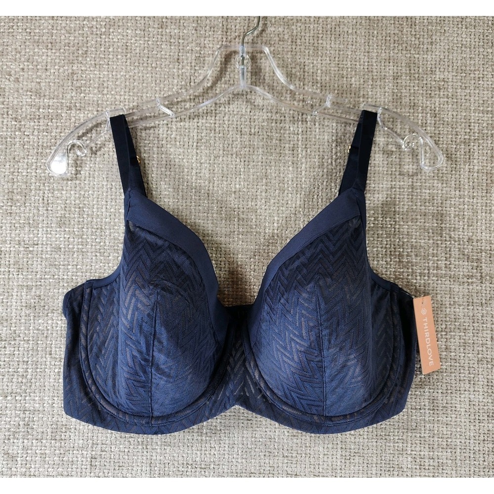 Thirdlove Chevron Contour Demi Bra Womens 38E Navy Blue Underwire Lined NWT